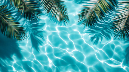 Palm leaves casting shadows on rippling turquoise water surface