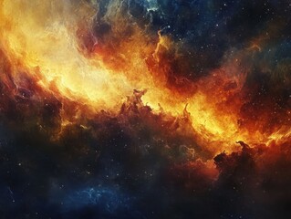 Obraz premium Cosmic Nebula Cloud with Fiery Orange and Cool Blue Tones, Abstract Universe Background.