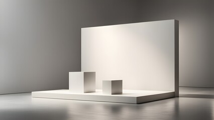 Minimalist product display featuring a large white backdrop, a platform, and two white cubes, ideal for showcasing products or branding.