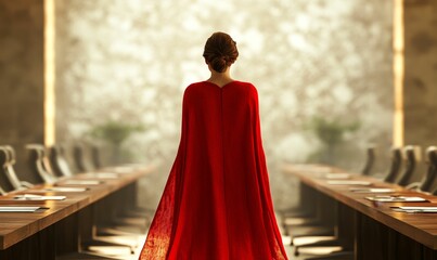 Woman in red cape walks toward conference table.