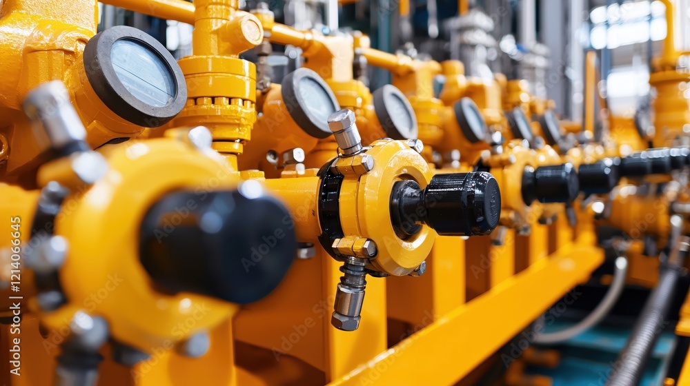 Aufkleber yellow industrial pipes and gauges in a factory setting showing a complex system of machinery
