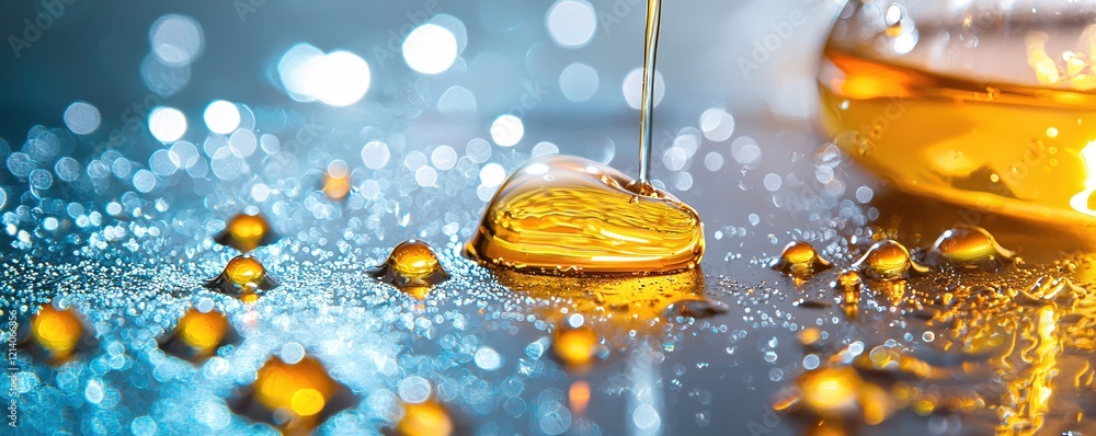 Poster golden liquid drops on a reflective surface with bokeh background creating a dreamy effect