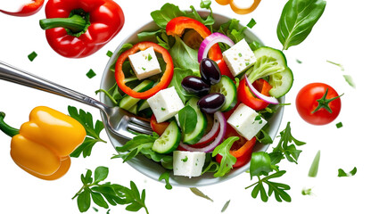 Falling vegetables, fresh salad of bell pepper, tomato and lettuce leaves Transparent Background,...