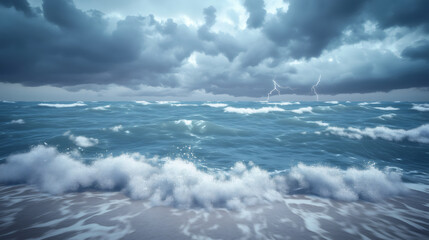 Obraz premium Dramatic ocean waves crashing on the shore during a lightning storm