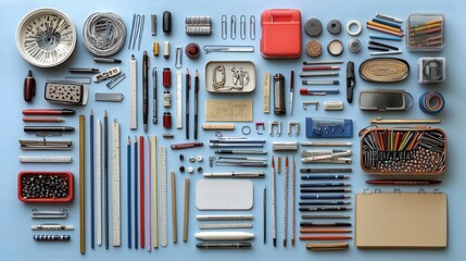 Fototapeta premium Organized Collection of Art and Drafting Supplies on a Light Blue Background
