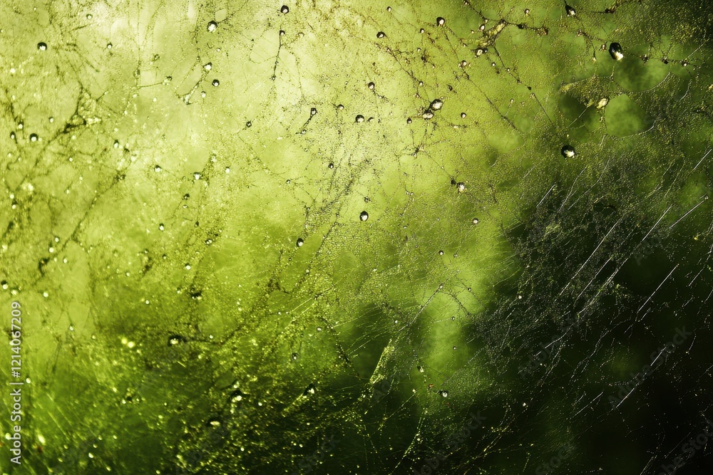 Poster dew-kissed spiderweb with detailed filament structure, illuminated on green background, abstract mac