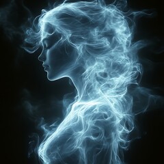 Ethereal woman, smoke, profile, blue, mystical.