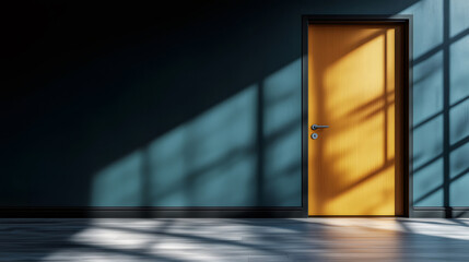 Sunlight illuminating a closed door in a modern, minimalist interior design