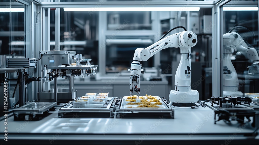 Poster robotic arm in food production line processing cookies in a modern industrial setting