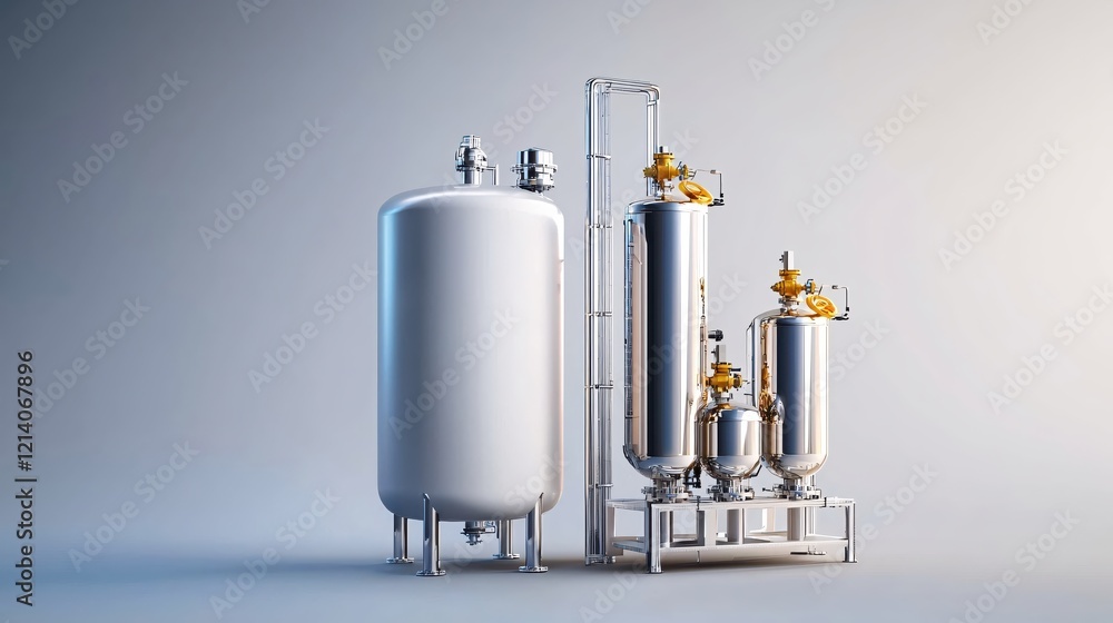 Aufkleber Industrial tanks and pipes on a light background in a studio setting with clean lines and bright light