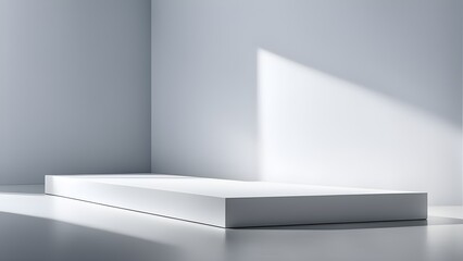 Obraz premium Clean, minimalist white rectangular platform in a bright, sunlit corner, ideal for product display or presentation.
