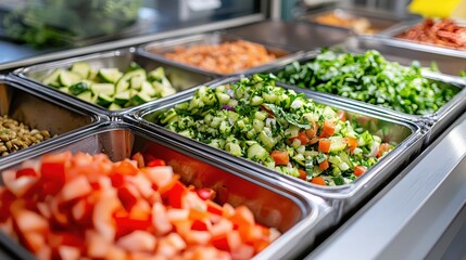 Fresh salad bar with various ingredients in metal containers great for healthy eating concept