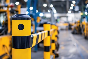 Yellow and black safety barrier in a factory with blurred vehicles and lights in background
