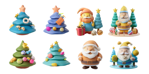 Colorful Christmas Characters and Trees Collection, PNG collection, set bundle, isolate on transparent or white background