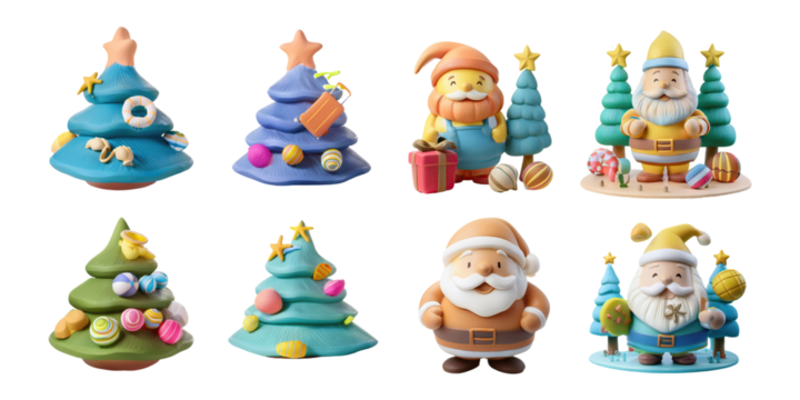 Colorful Christmas Characters and Trees Collection, PNG collection, set bundle, isolate on transparent or white background