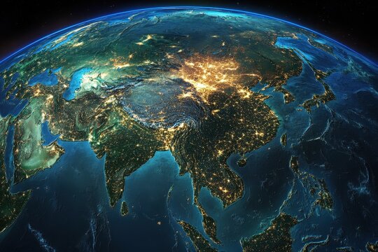 Night Earth, Asia, city lights, global, space, map, illustration, background,  education, travel