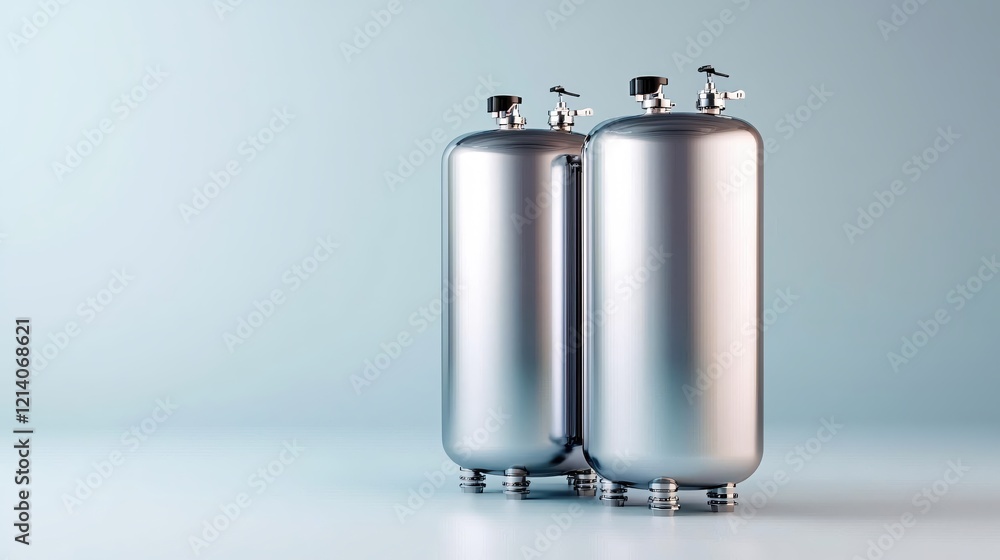 Poster two metallic cylinders stand tall against a light blue background in a studio setting