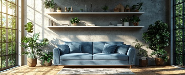 A panoramic 3D rendering of a modern living room