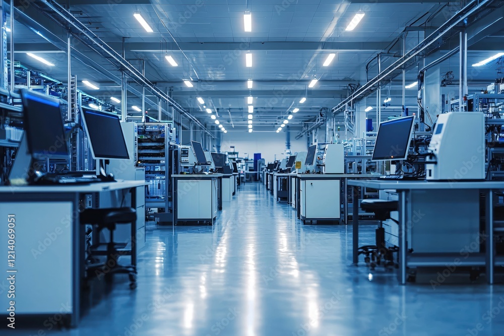 Poster Clean industrial factory with multiple computers and equipment under bright ceiling lights
