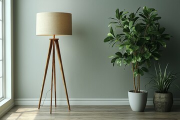 A Nordic lamp paired with tropical leaves, simple decor elements, in a Scandinavian minimalist...