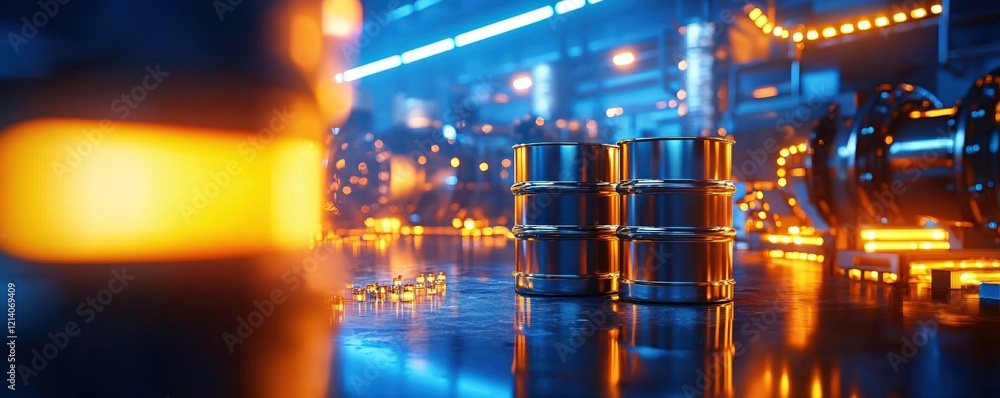 Aufkleber industrial scene with metal barrels and glowing lights in a futuristic factory setting