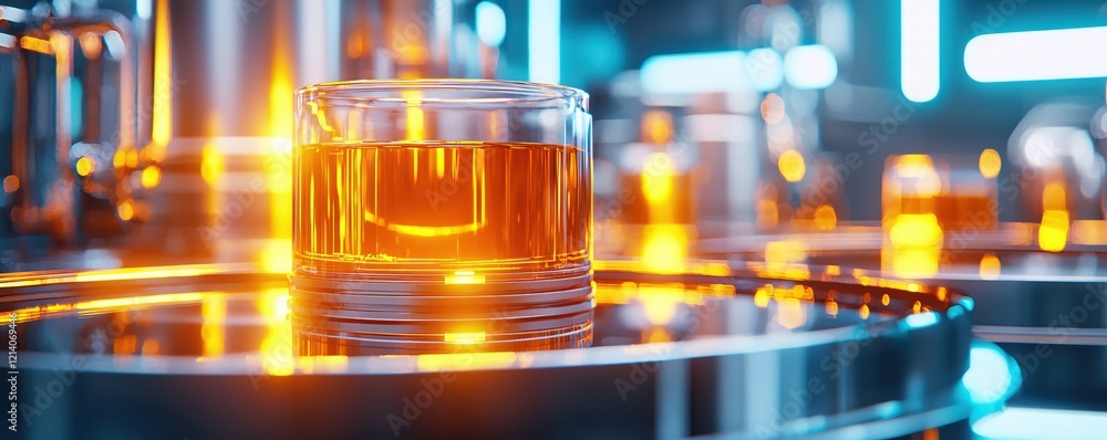 Aufkleber glass container with amber liquid on reflective surface in a futuristic industrial setting