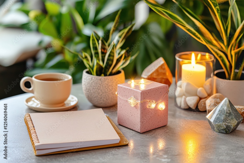 Aufkleber Cozy desk setting with tea notebook candle and plants creating a warm and inviting atmosphere