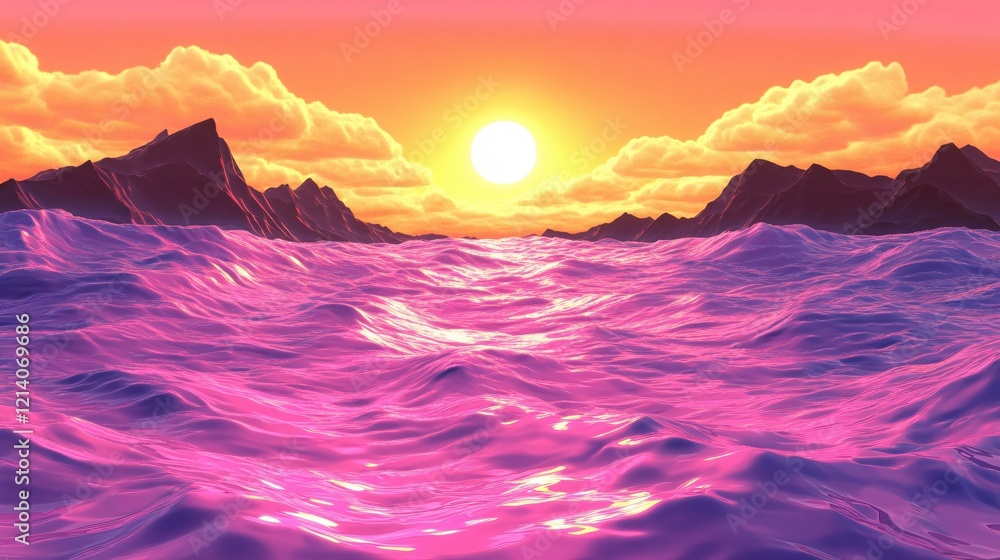 Poster pink ocean waves at sunset with mountains and clouds in the background in a fantasy style