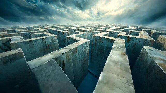 The illustration depicts a dark and foreboding labyrinth with twisting paths that seem to lead nowhere, surrounded by towering walls that loom overhead, creating a sense of entrapment and confusion