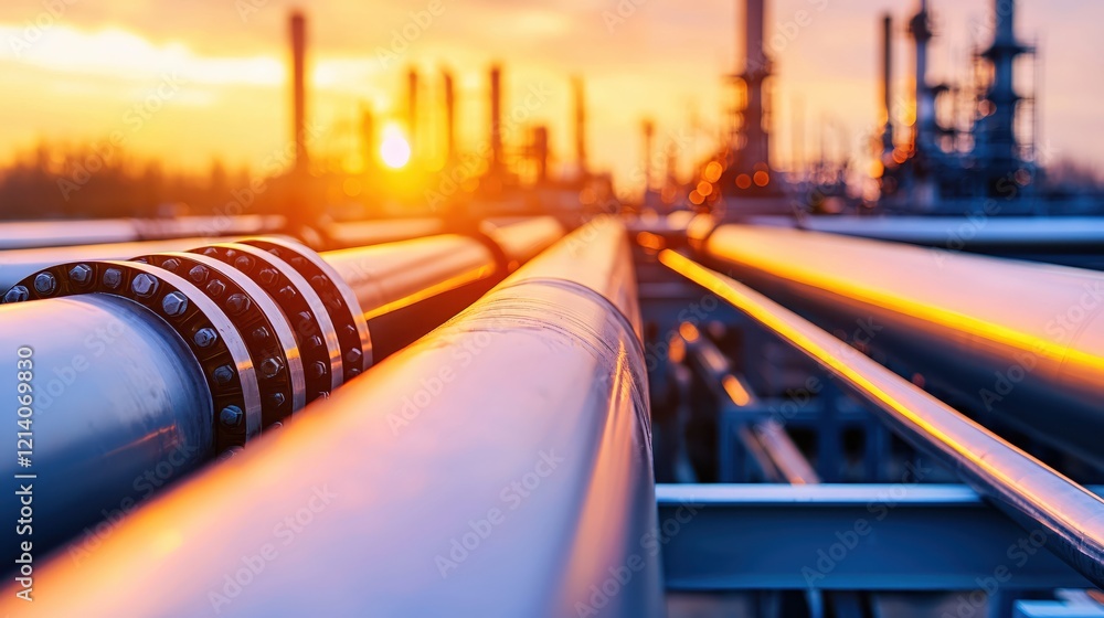 Aufkleber Industrial pipes at sunset with warm light and blurred factory background creating a sense of scale