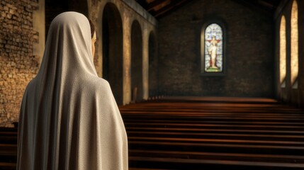 Woman in flowing robe contemplates in old church