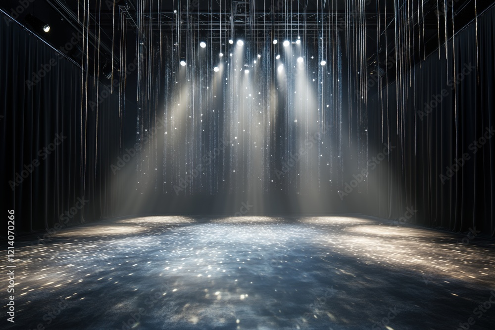 Poster a dramatic stage setup with beams of light shining down from above, creating a mesmerizing atmospher