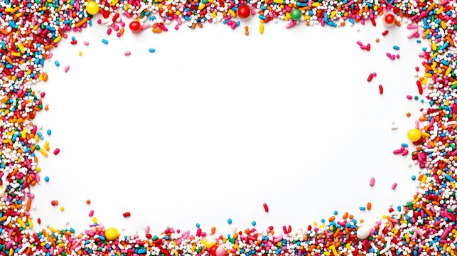 Colorful candy sprinkles frame a white background