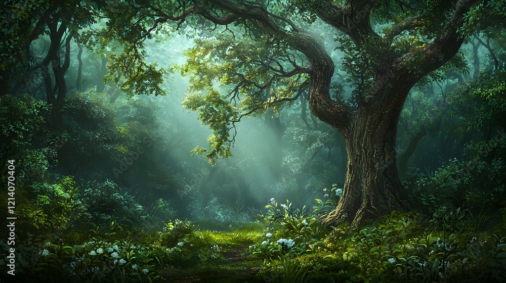 Poster enchanting overgrown forest path with lush dense foliage and soft dappled sunlight filtering through