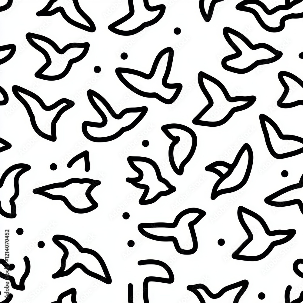 Poster abstract birds depicted in a seamless pattern using continuous one-line drawing.