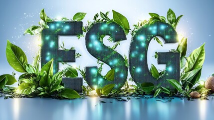 Sustainable esg concept: illuminated letters surrounded by greenery