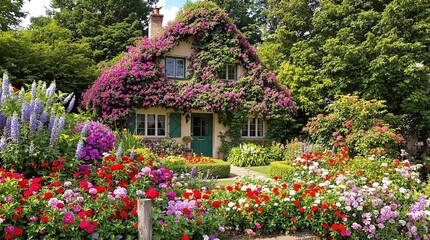 Obraz premium Small House Covered with Pink Flowers and Vines in a Garden Rich with Plants of Different Colors