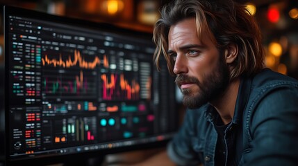 Focused man analyzing stock market data on computer screen.