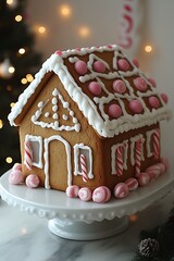 Decorated gingerbread house on cake stand.