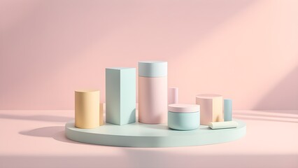 Pastel-colored geometric shapes arranged on a circular platform against a pink background, ideal for product display or cosmetic branding.