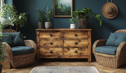 Illustration of brown armchairs placed beside potted green plants and a wooden cabinet decorated with vases