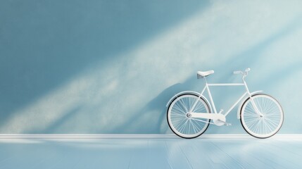 White bicycle leaning against a light blue wall