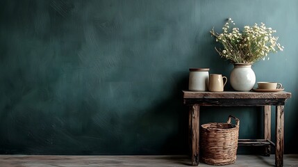 Cozy and Rustic Vintage Wooden Shelf Decor with Ceramic Vases Dried Flowers and Natural Accents  Peaceful and Minimalist Home Interior Design