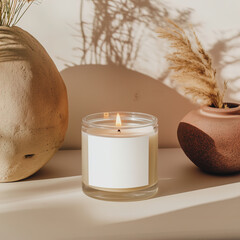 Clear glass jar candle mockup, scented candle jar with blank white label, styled interior candle design template