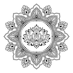 Circular pattern in form of mandala with Lotus flower for Henna, Mehndi, tattoo, decoration. Decorative ornament in ethnic oriental style. Outline doodle hand draw vector illustration.