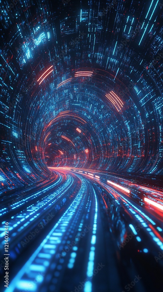 Poster futuristic data tunnel with vibrant blue and red light streaks creating a dynamic passage