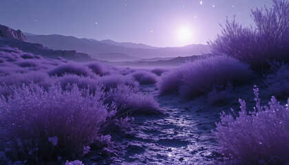 A digital painting of a lavender field under a starry night sky.