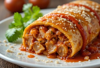 A delicious chimichanga is a tortilla fried to a golden crust and filled with meat, cheese, vegetables and spices. The dish is served with sauces and a side dish, highlighting the bright taste of Mexi