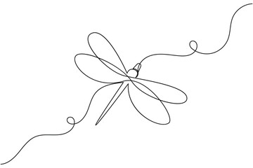 Dragonfly one line art drawing and insect minimalist style isolate outline vector illustration