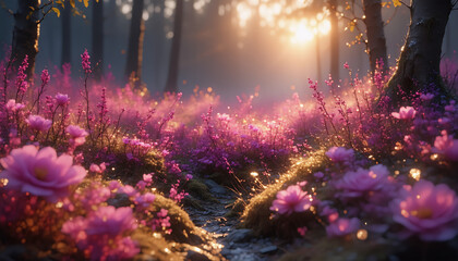 A vivid portrayal of a forest floor covered in purple flowers, bathed in the golden light of the setting or rising sun.